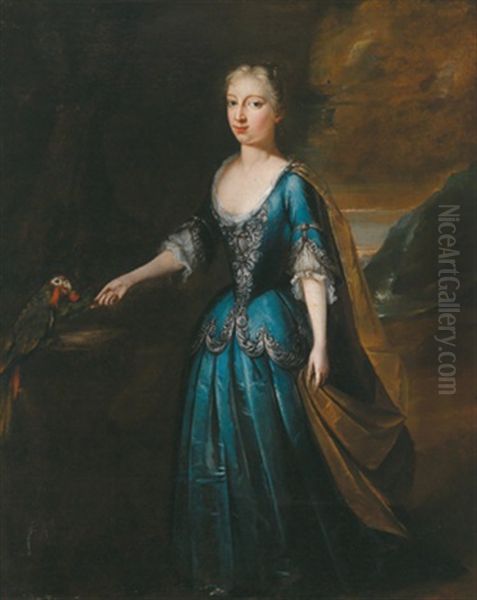 Bildnis Einer Dame In Blauem, Silberbestickten Taftkleid Mit Sandfarbenem Umhang In Einer Gebirgigen Landschaft Stehend... Oil Painting by Jacopo Amigoni