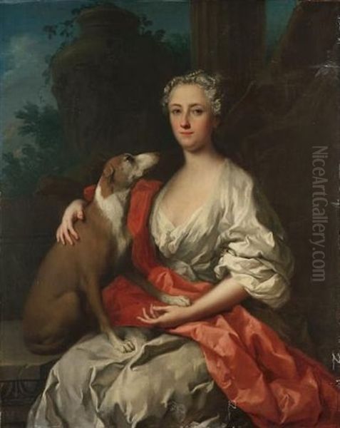 Portrait Of A Lady, Seated Three-quarter-length, In A White Dress With A Crimson Wrap, A Dog At Her Side, A Landscape Beyond Oil Painting by Jacopo Amigoni