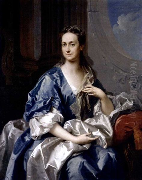 Portrait Of A Lady Wearing A Blue And White Velvet Dress And Seated In A Sumptuous Interior Oil Painting by Jacopo Amigoni