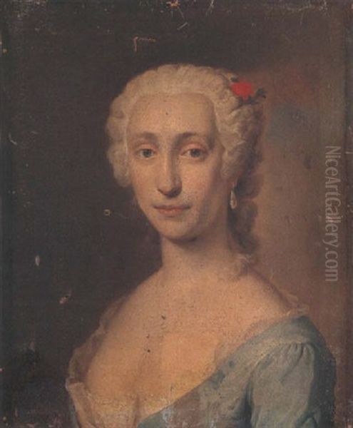 Portrait Of A Lady Wearing A Blue Lace-trimmed Dress And A Red Flower In Her Hair (princess Maria Clementina Sobieska?) Oil Painting by Jacopo Amigoni