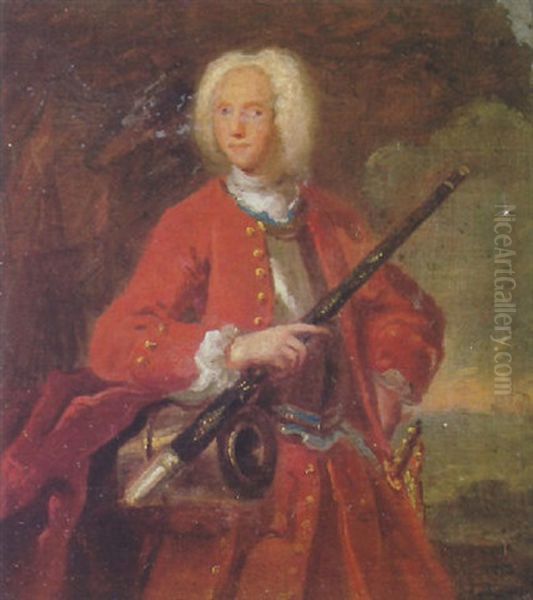 Portrait Of A Gentleman, Wearing A Red Coat And An Armoured Breastplate, Standing Beside A Canon Oil Painting by Jacopo Amigoni