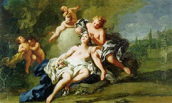 Cupid And Psyche (?) With Four Putti In A Landscape Oil Painting by Jacopo Amigoni