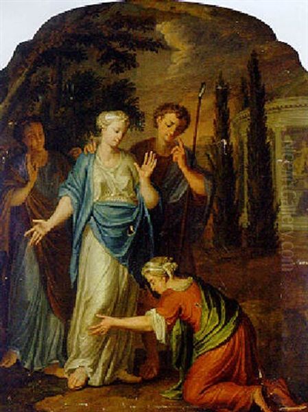 A Peasant Kneeling Before A Couple, A Temple Devoted To Diana Beyond Oil Painting by Jacopo Amigoni