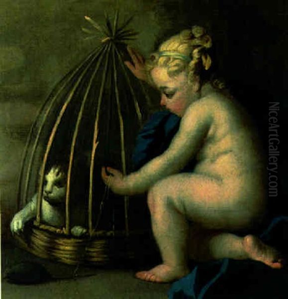 A Girl Baiting A Cat In A Basket With A Mouse Oil Painting by Jacopo Amigoni