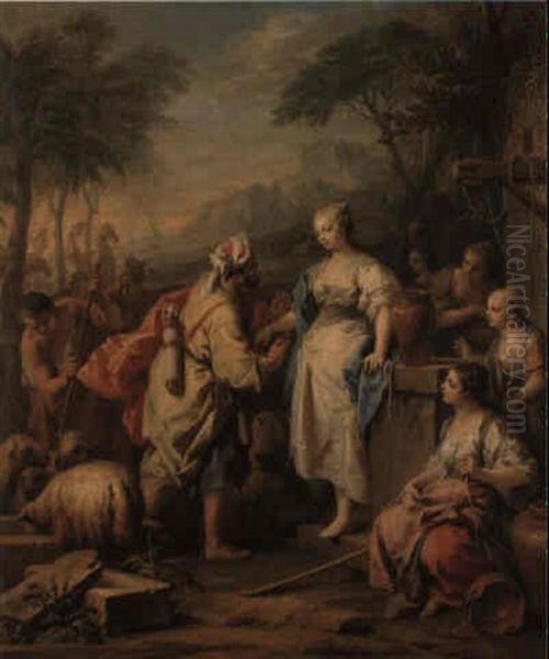 Rebecca And Eliezer At The Well Oil Painting by Jacopo Amigoni