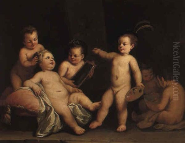 Putti As Apelles And Campaspe Oil Painting by Jacopo Amigoni