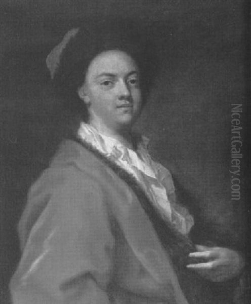 Portrait Of A Gentleman, Half Length, Wearing A Red Velvet  Jacket And Hat With Fur, And A White Shirt Oil Painting by Jacopo Amigoni