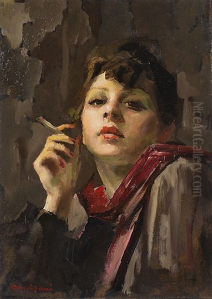 Ritratto Di Donna Che Fuma Oil Painting by Giuseppe Amisani