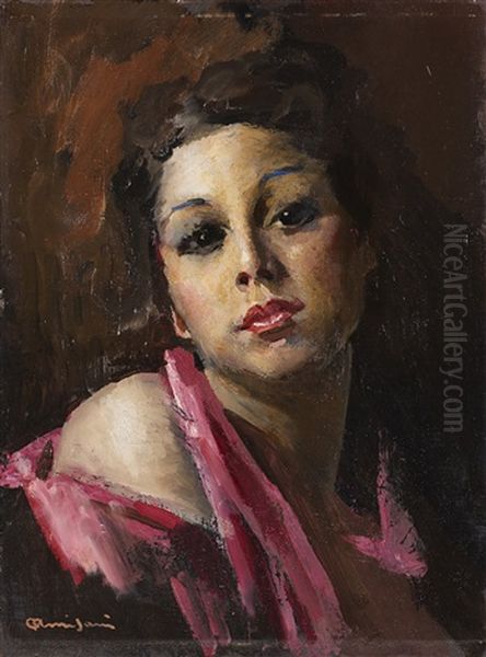 Ritratto Di Fanciulla Con Camicetta Rosa Oil Painting by Giuseppe Amisani