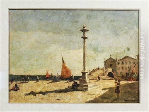 Veduta Del Molo Di Chioggia - Chioggia View Oil Painting by Giuseppe Amisani