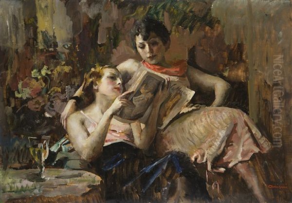 Ragazze In Lettura Oil Painting by Giuseppe Amisani