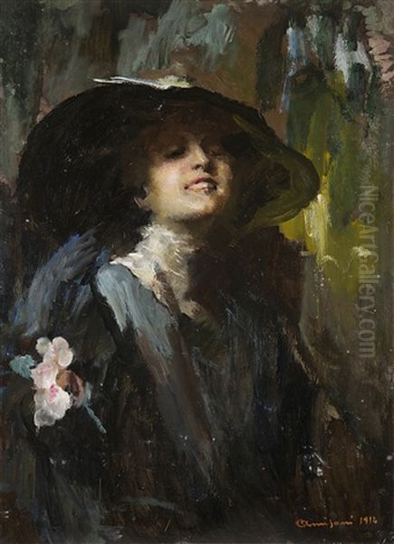 Donna Col Cappello Oil Painting by Giuseppe Amisani