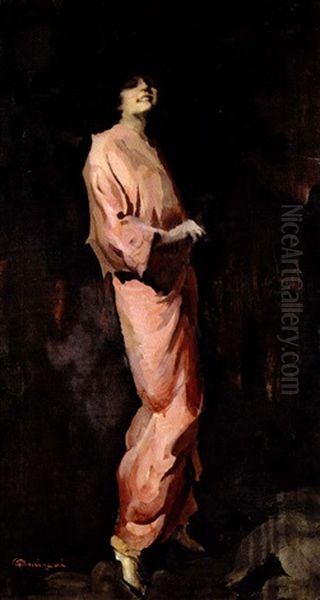 Modella In Abito Rosa Oil Painting by Giuseppe Amisani