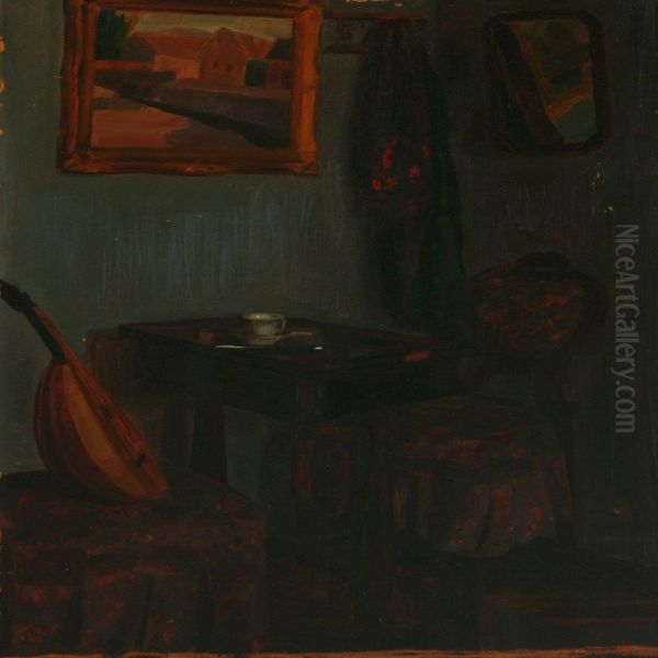 Interior With Furnitureand A Painting Oil Painting by Erno Abonyi