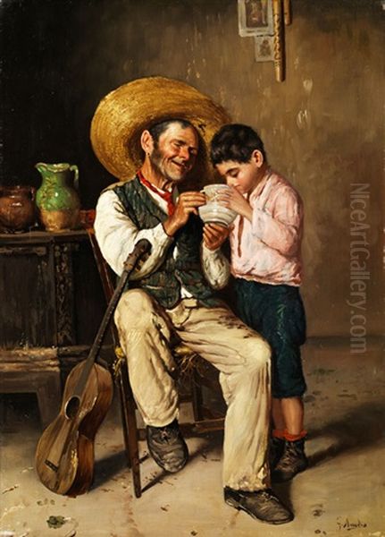 Suditalienischer Gitarrist Mit Knabe, Der Aus Einer Tasse Trinkt Oil Painting by Guilio Amodio