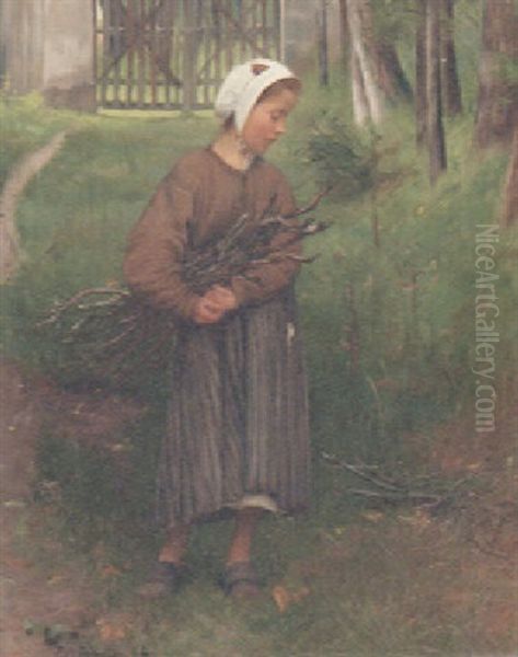 A Young Child Gathering Sticks Oil Painting by Rodolfo Amoedo