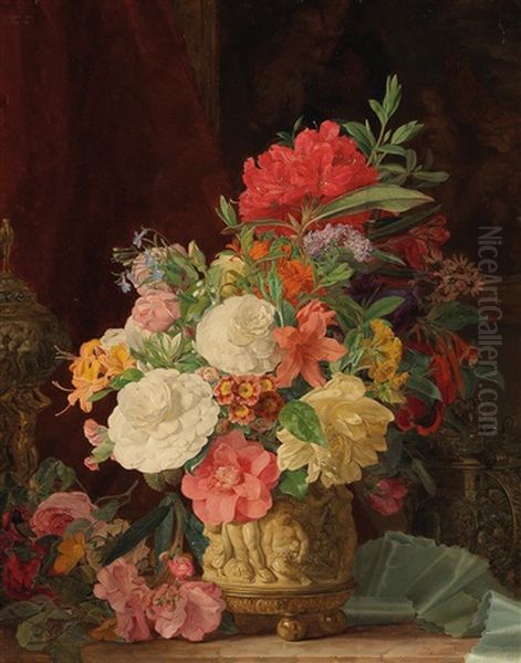 An Opulent Floral Still Life With Ornamental Vases Oil Painting by Rosalia Amon