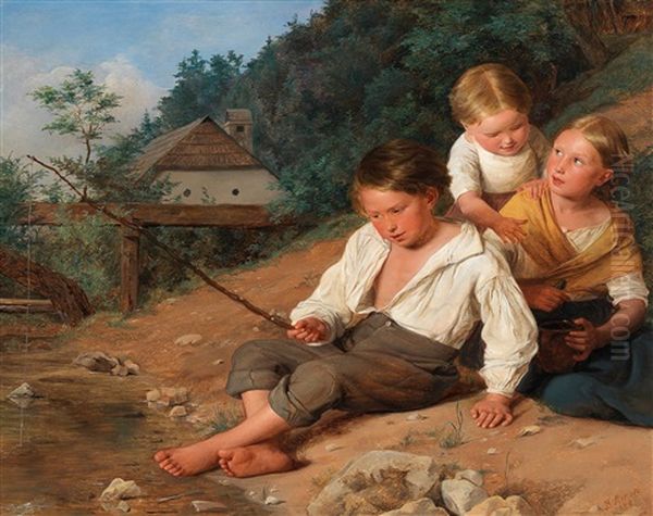 Siblings At A Creek Oil Painting by Rosalia Amon