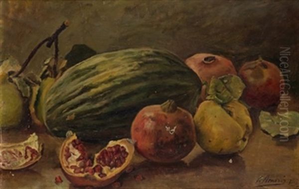 Bodegon Con Melon Y Granadas Oil Painting by Antonio Amoros Botella