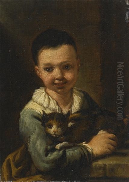 Portrait Of A Boy With Cat Oil Painting by Antonio Mercurio Amorosi