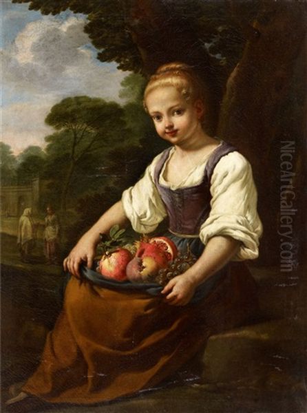 Portrait Of A Boy Portrait Of A Girl With A Basket Of Fruit Oil Painting by Antonio Mercurio Amorosi