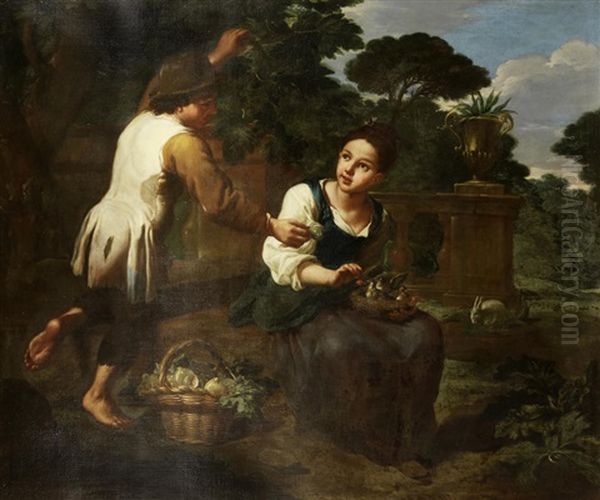 A Peasant Boy With A Girl Holding A Bird Cage Oil Painting by Antonio Mercurio Amorosi