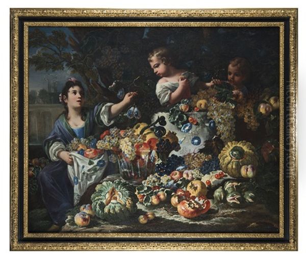 Natura Morta Di Frutta Con Giovane E Due Bambini Oil Painting by Antonio Mercurio Amorosi