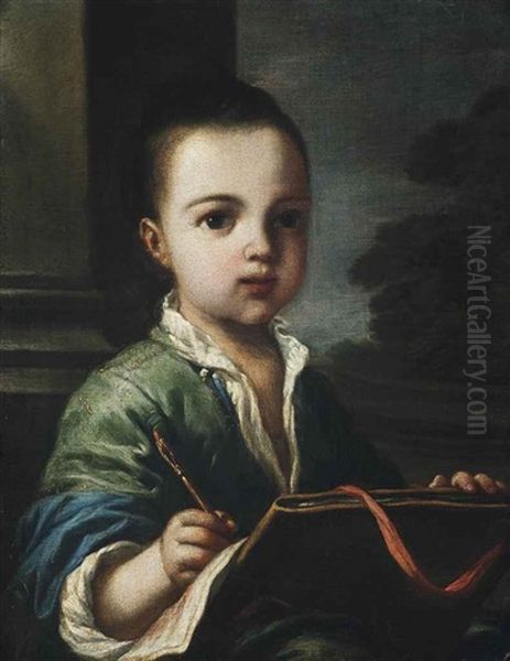 Portrait Of A Boy, Half-length, A Chalk Pen In His Right Hand, A Landscape Beyond Oil Painting by Antonio Mercurio Amorosi