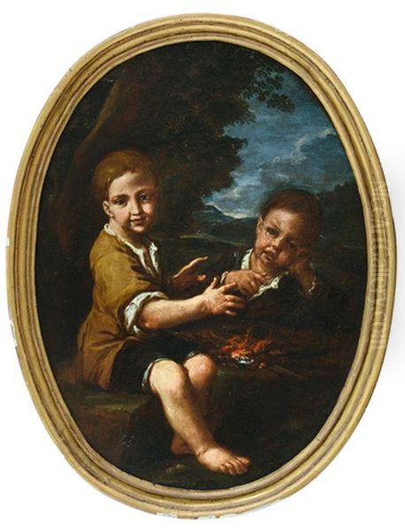 Due Bambini Davanti Al Fuoco Oil Painting by Antonio Mercurio Amorosi