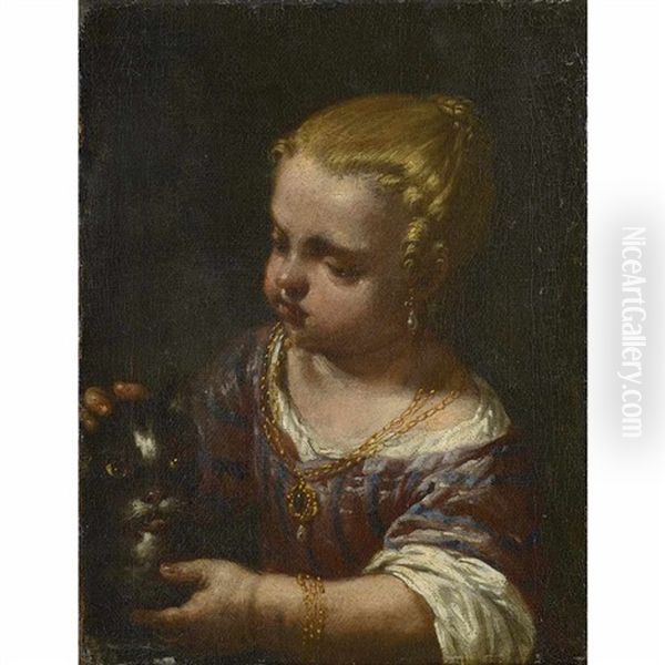 A Girl With A Cat Oil Painting by Antonio Mercurio Amorosi