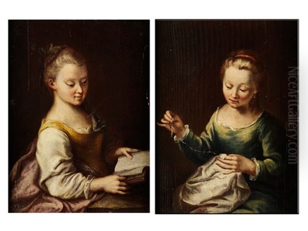 Portrait Zweier Frauen Beim Nahen Und Lesen (2 Works) Oil Painting by Antonio Mercurio Amorosi