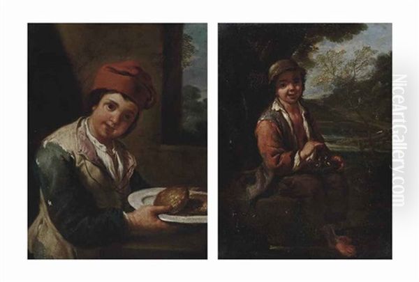 A Boy Holding A Plate With Bread, In An Interior And A Boy With A Bird's Nest In A Landscape (2 Works) Oil Painting by Antonio Mercurio Amorosi