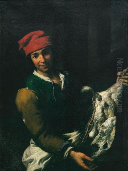 A Young Butcher, Standing In An Interior, Holding A Goat's Leg Oil Painting by Antonio Mercurio Amorosi