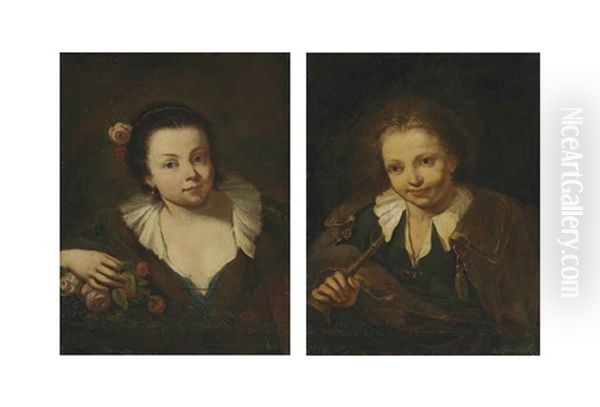 A Peasant Girl (+ A Peasant Boy; Pair) Oil Painting by Antonio Mercurio Amorosi