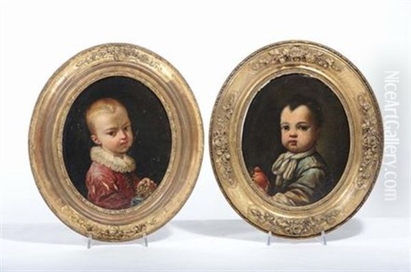 Bambino Con Veste Blu E Mela (+ Bambino Con Veste Rossa E Grappolo D'uva; Pair) Oil Painting by Antonio Mercurio Amorosi