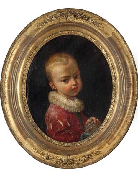 Bambino Con Veste Blu E Mela (+ Bambino Con Veste Rossa E Grappolo D'uva; 2 Works) Oil Painting by Antonio Mercurio Amorosi