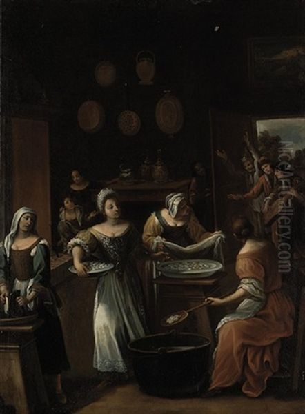 The Gnocchi Bakery: The Interior Of A Kitchen With Women Preparing Gnocchi, A Group Of Revellers Entering From The Garden Beyond Oil Painting by Antonio Mercurio Amorosi