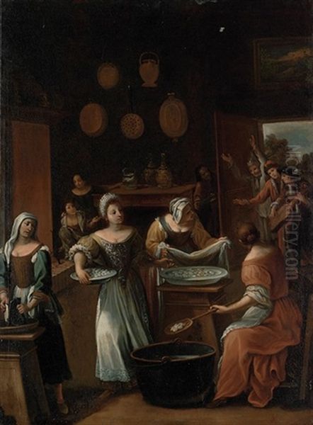 The Gnocchi Bakery, The Interior Of A Kitchen With Women Preparing Gnocchi Oil Painting by Antonio Mercurio Amorosi