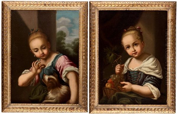 A Girl With A Dog, A Girl With A Basket Of Fruit Oil Painting by Antonio Mercurio Amorosi