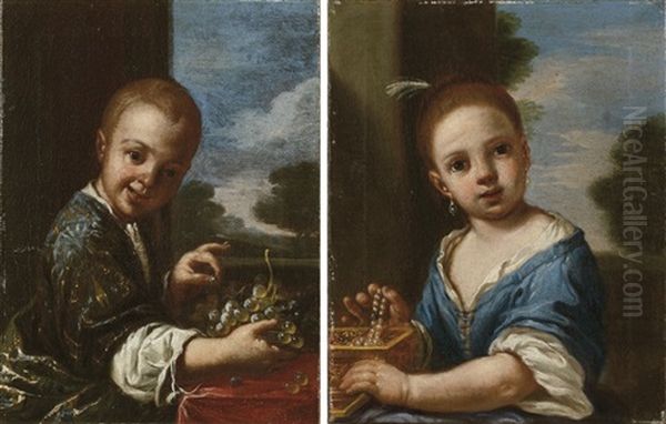 Bambino Con Uva (+ Bambina Con Portagioie; 2 Works) Oil Painting by Antonio Mercurio Amorosi