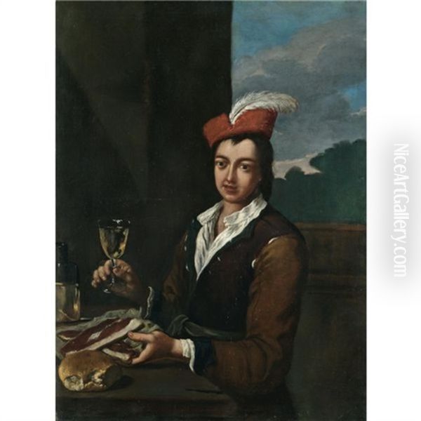 Portrait Of A Boy Seated At Table Holding A Glass Of Wine And Two Steaks Oil Painting by Antonio Mercurio Amorosi