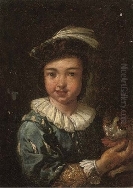 Portrait Of A Boy, In A Feathered Cap, A Dog In His Arms by Antonio Mercurio Amorosi