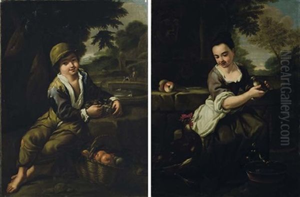 Fanciullo Che Tiene In Mano Un Nido (+ Fanciulla Che Tiene In Mano Un Pulcino; 2 Works) Oil Painting by Antonio Mercurio Amorosi