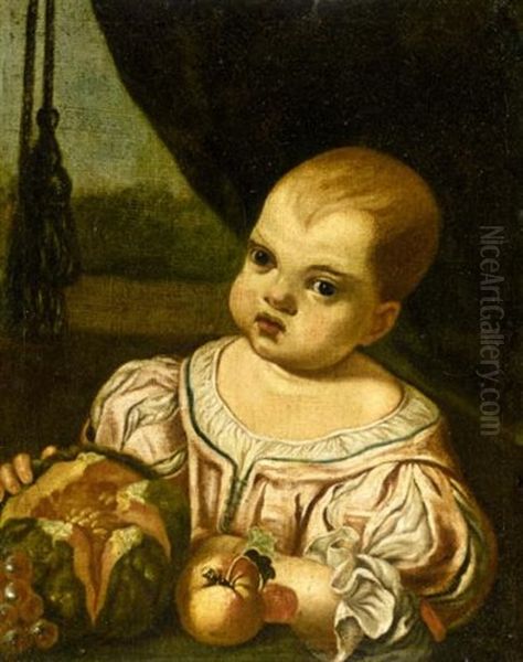 Portrait Of A Child, Half Length, Wearing A Pink Silk Dress And Holding A Melon Oil Painting by Antonio Mercurio Amorosi