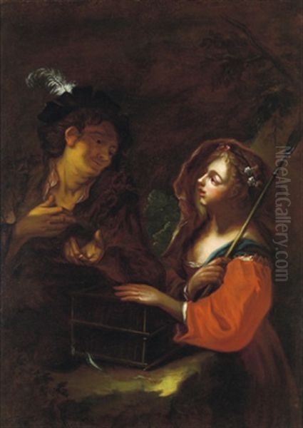 Giovanotto Con Una Pastorella Che Tiene Chiusa La Gabbia Per Uccelli, Simbolo Della Verginita Oil Painting by Antonio Mercurio Amorosi