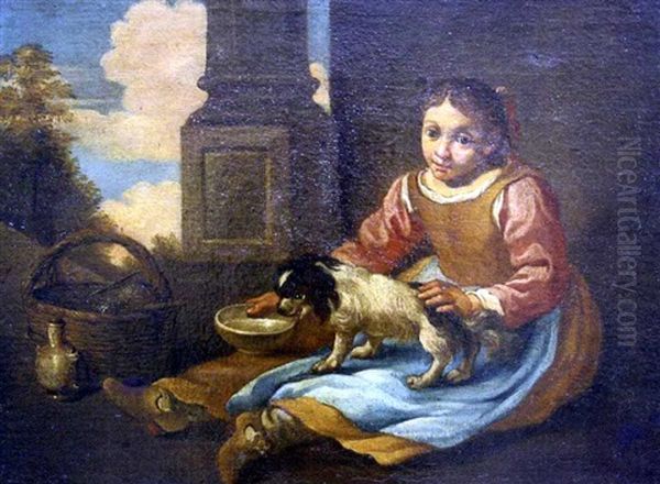 Fillette Nourrissant Son Chien Oil Painting by Antonio Mercurio Amorosi