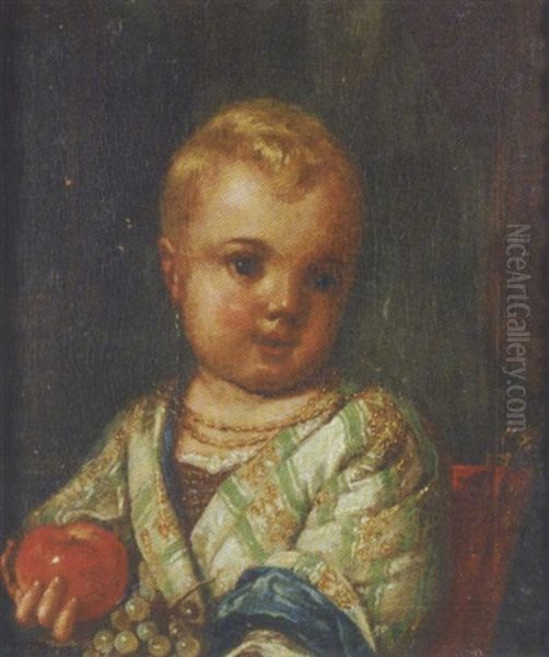 Fillette Assise, Une Pomme Dans La Main Droite Oil Painting by Antonio Mercurio Amorosi