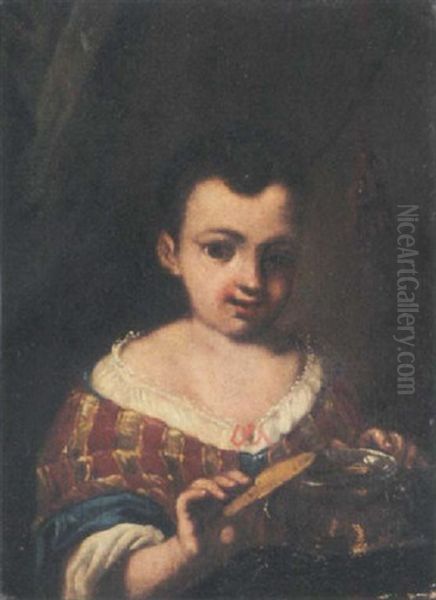 Portrait Of A Young Girl Standing Beside A Table With A Jar Oil Painting by Antonio Mercurio Amorosi