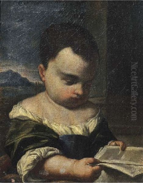 A Young Girl Reading A Book, A Landscape Beyond Oil Painting by Antonio Mercurio Amorosi