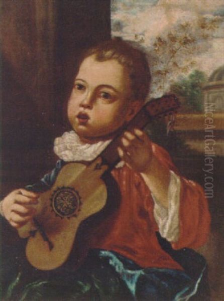 A Young Boy Playing A Guitar Oil Painting by Antonio Mercurio Amorosi